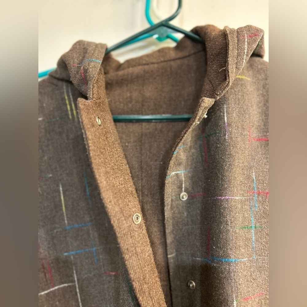 Vintage Brown Hooded Poncho with Multicolor Accents one size fits all - Picture 5 of 8